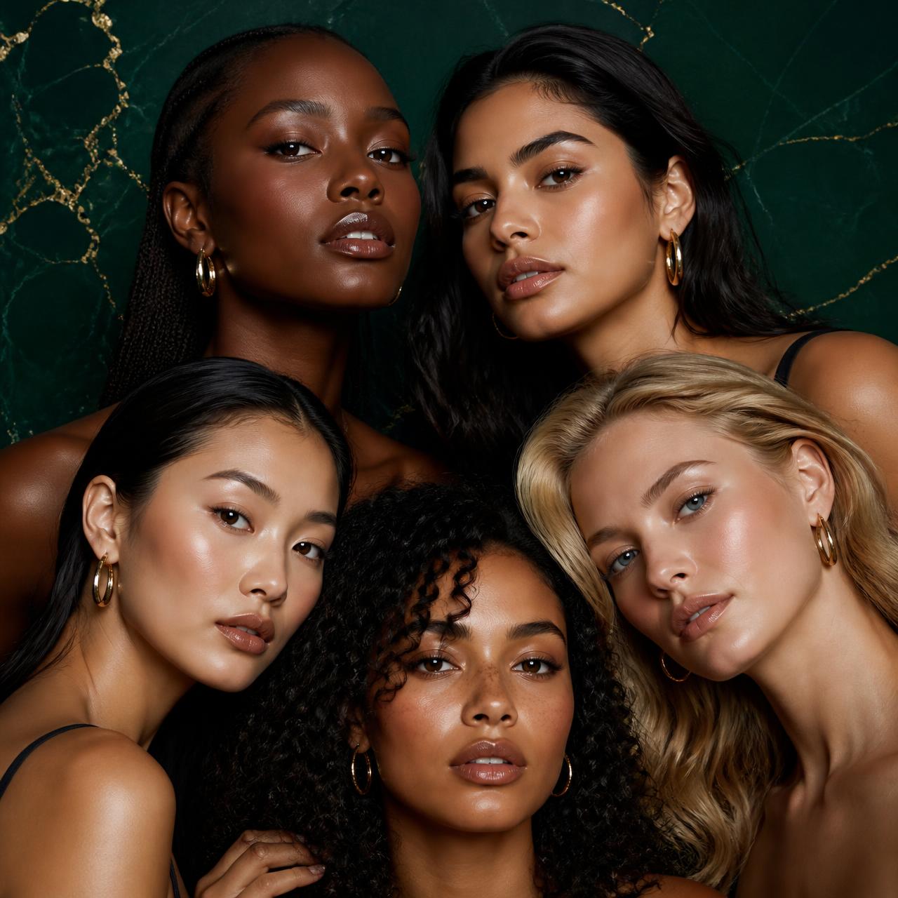 Editorial portrait of five diverse women in luxury glam makeup