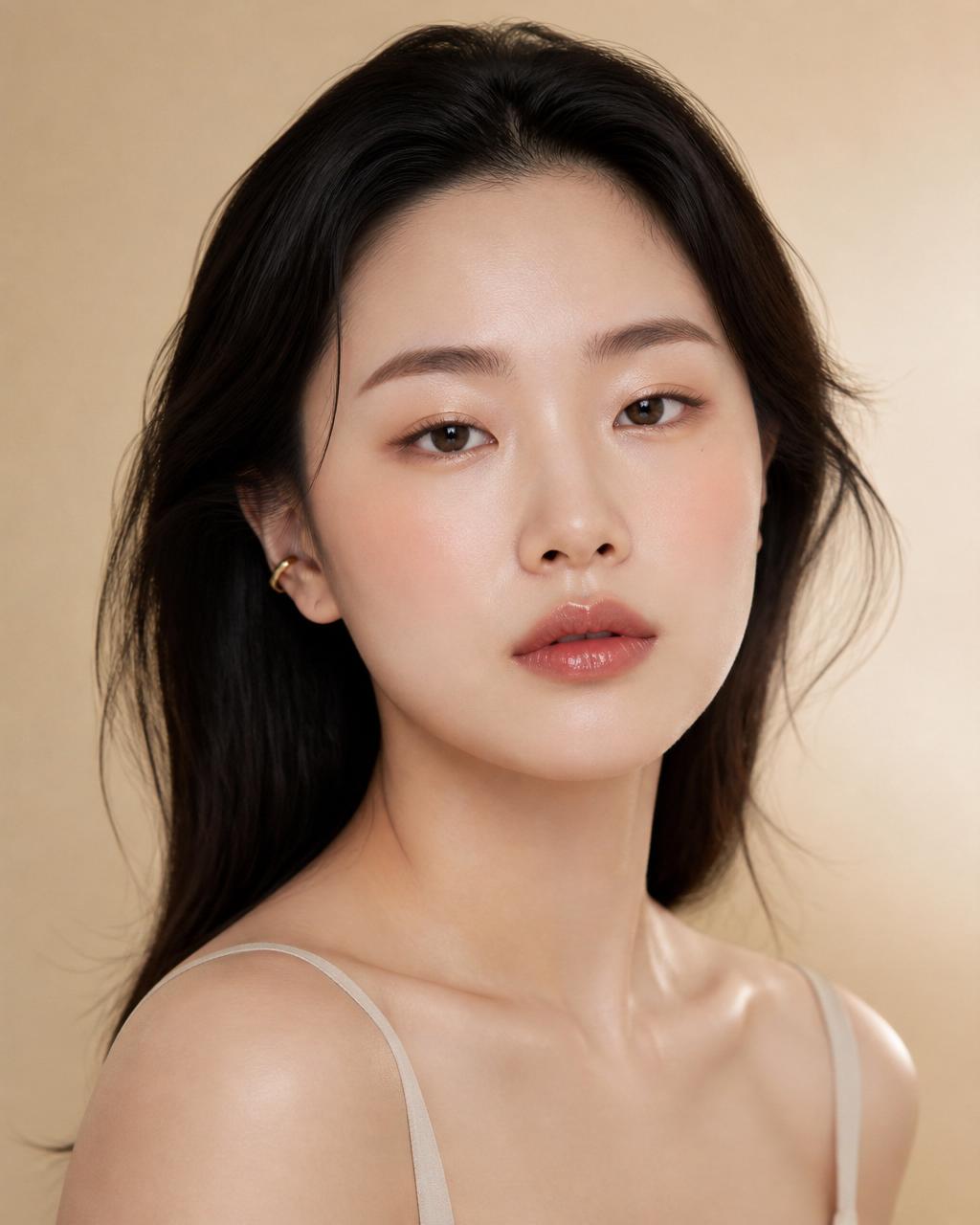 East Asian woman with natural glam and dewy skin, editorial portrait